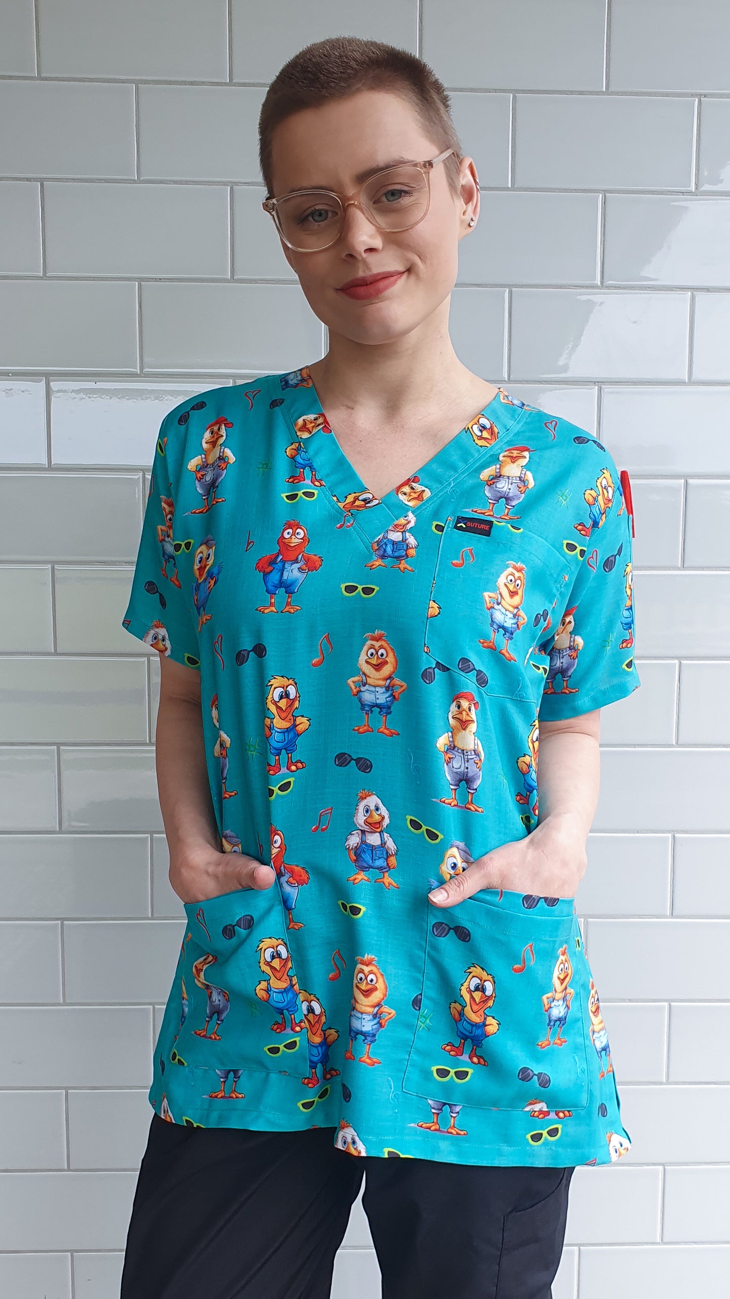 Funky Chicken With Glass  Printed Fun Scrub Top Australia