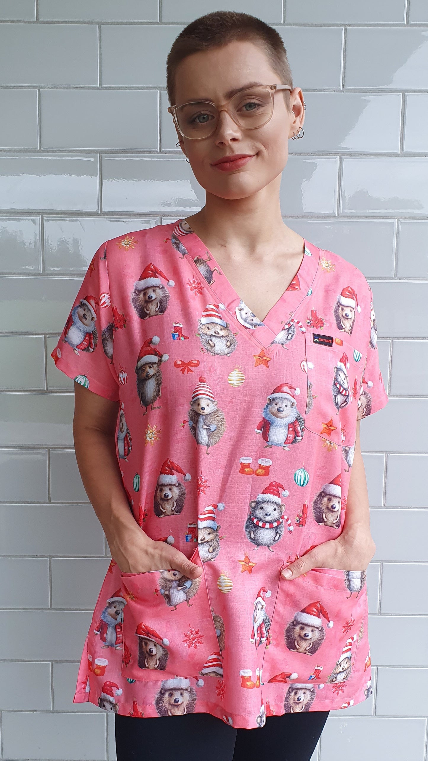 Hedgehog Christmas Printed Fun  Scrub Top Australia