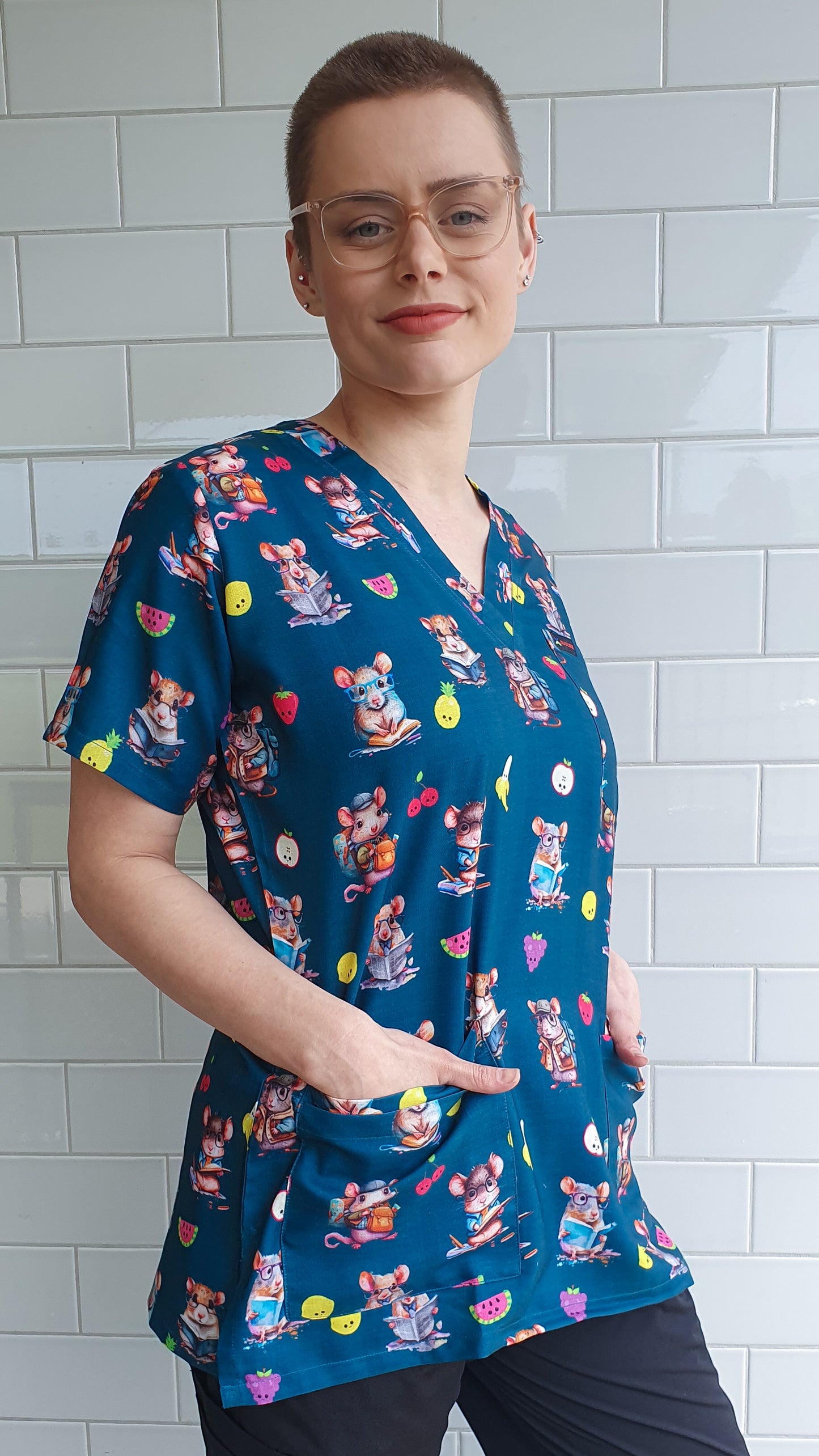 Mouse Rat With Glasses Printed Fun Scrub Top Australia