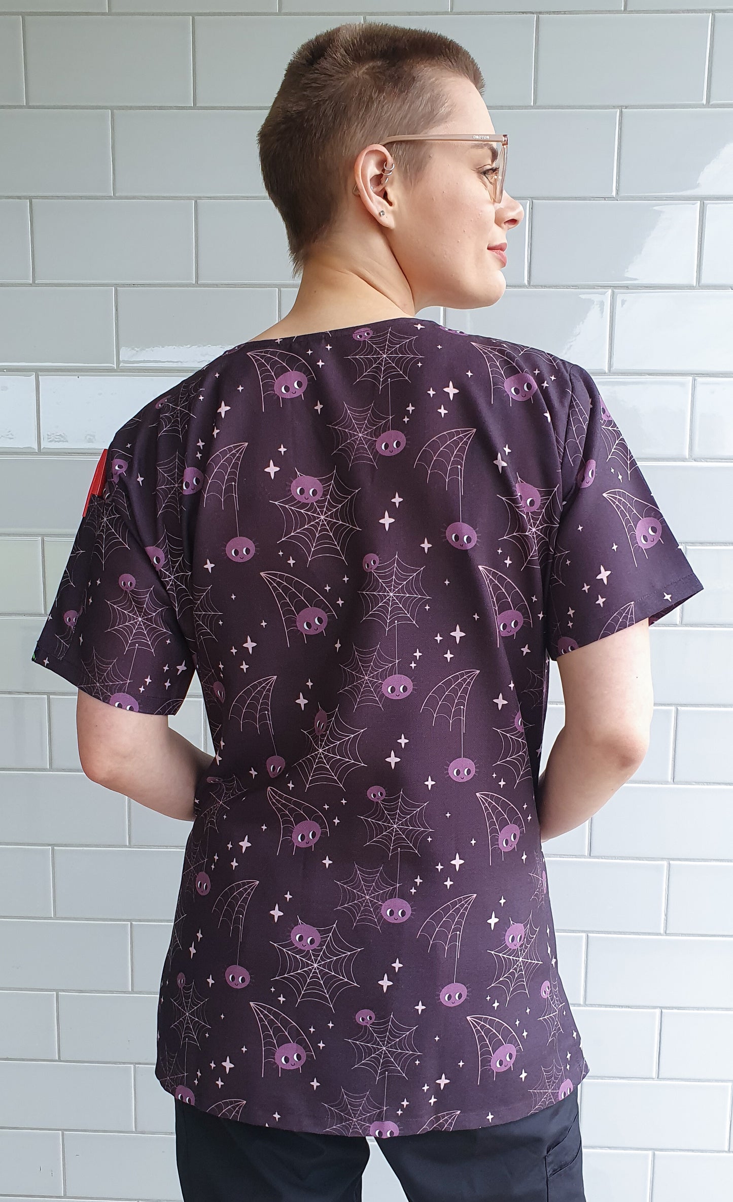 Halloween Printed Scrub Top Spider Web print  For  Nursing Medical