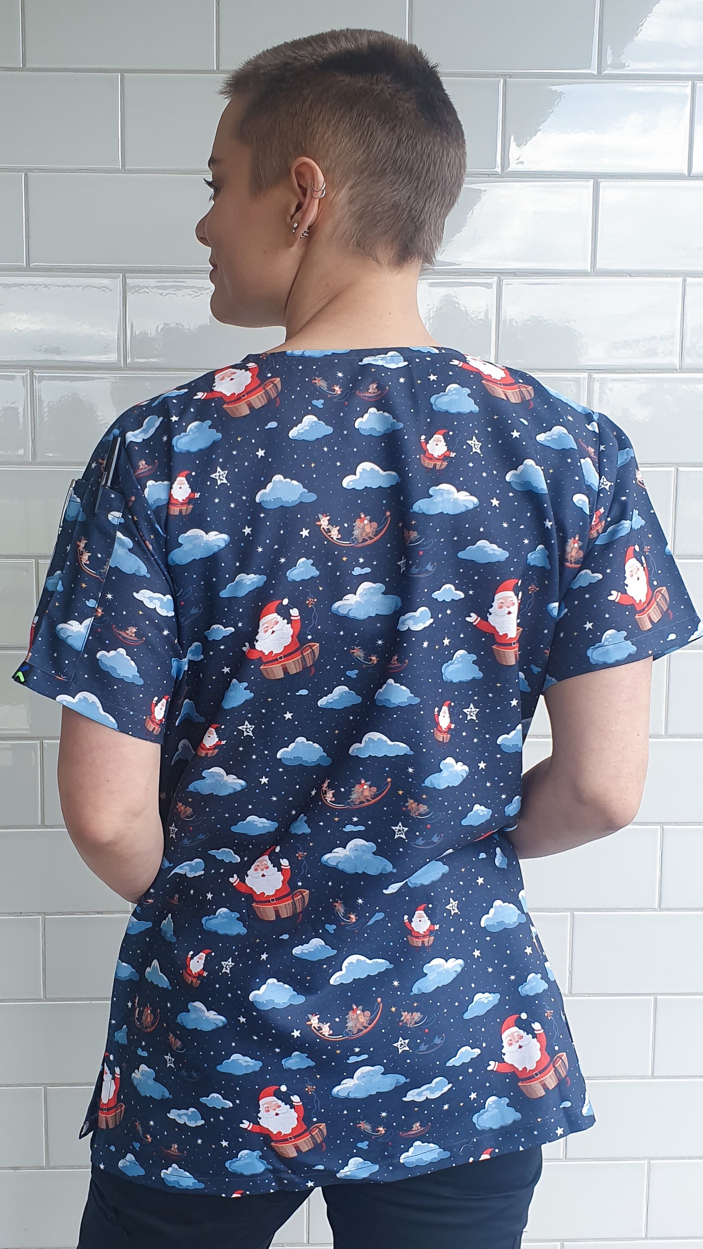 Santa in Clouds Christamas  Printed Scrub Top Australia