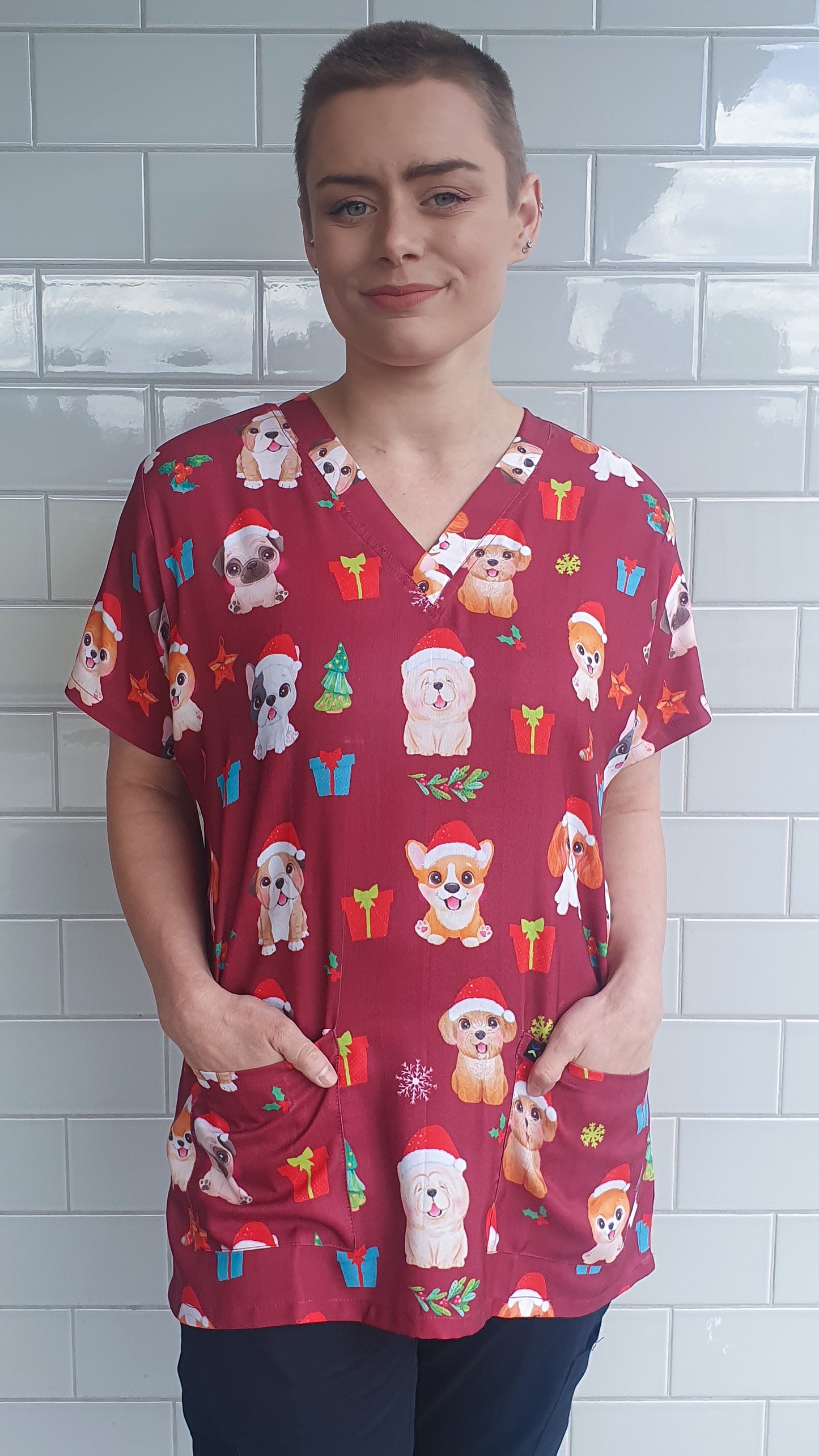 Dog Christmas Printed Medical Nursing Scrub Top Red