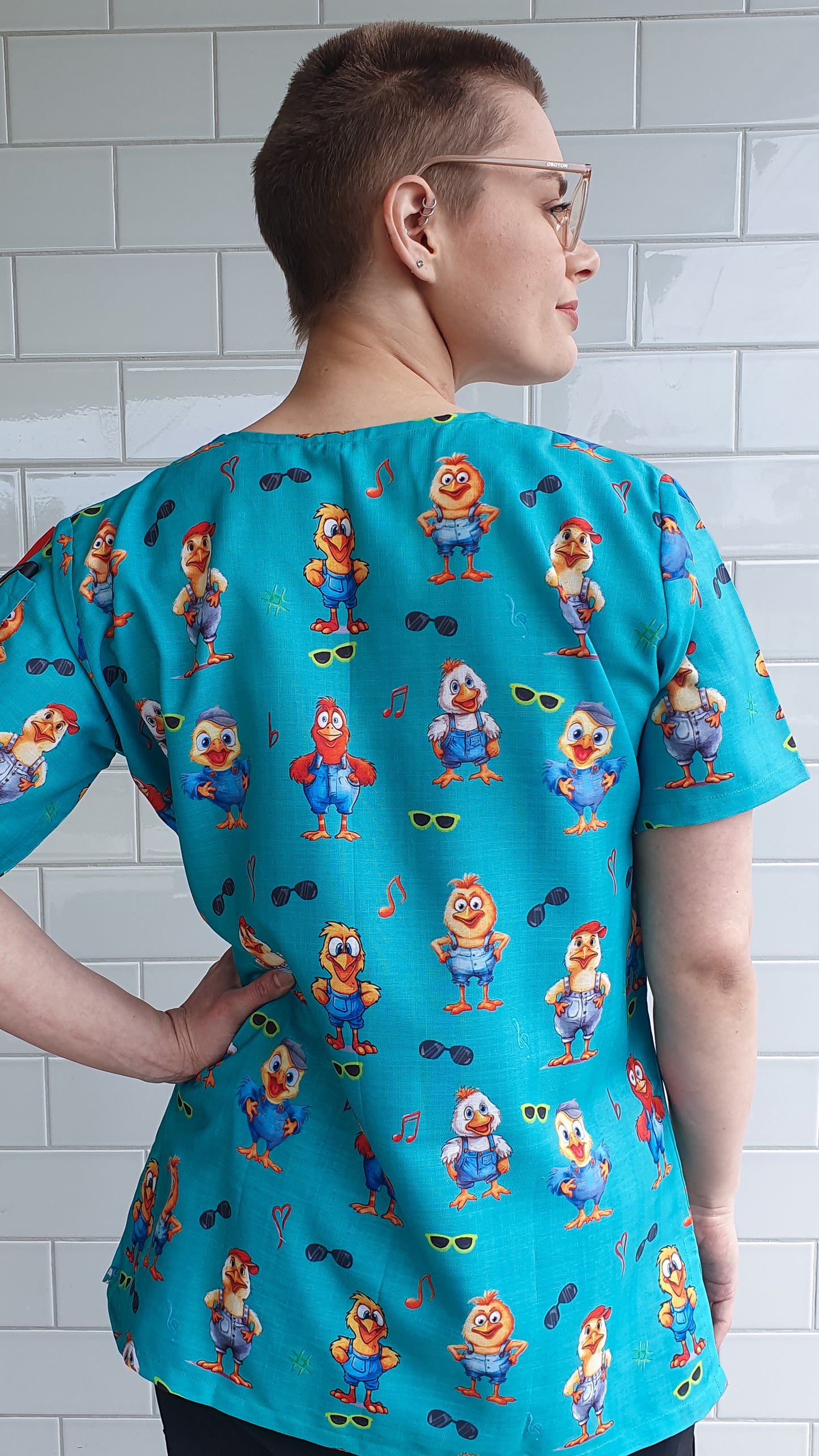 Funky Chicken With Glass  Printed Fun Scrub Top Australia