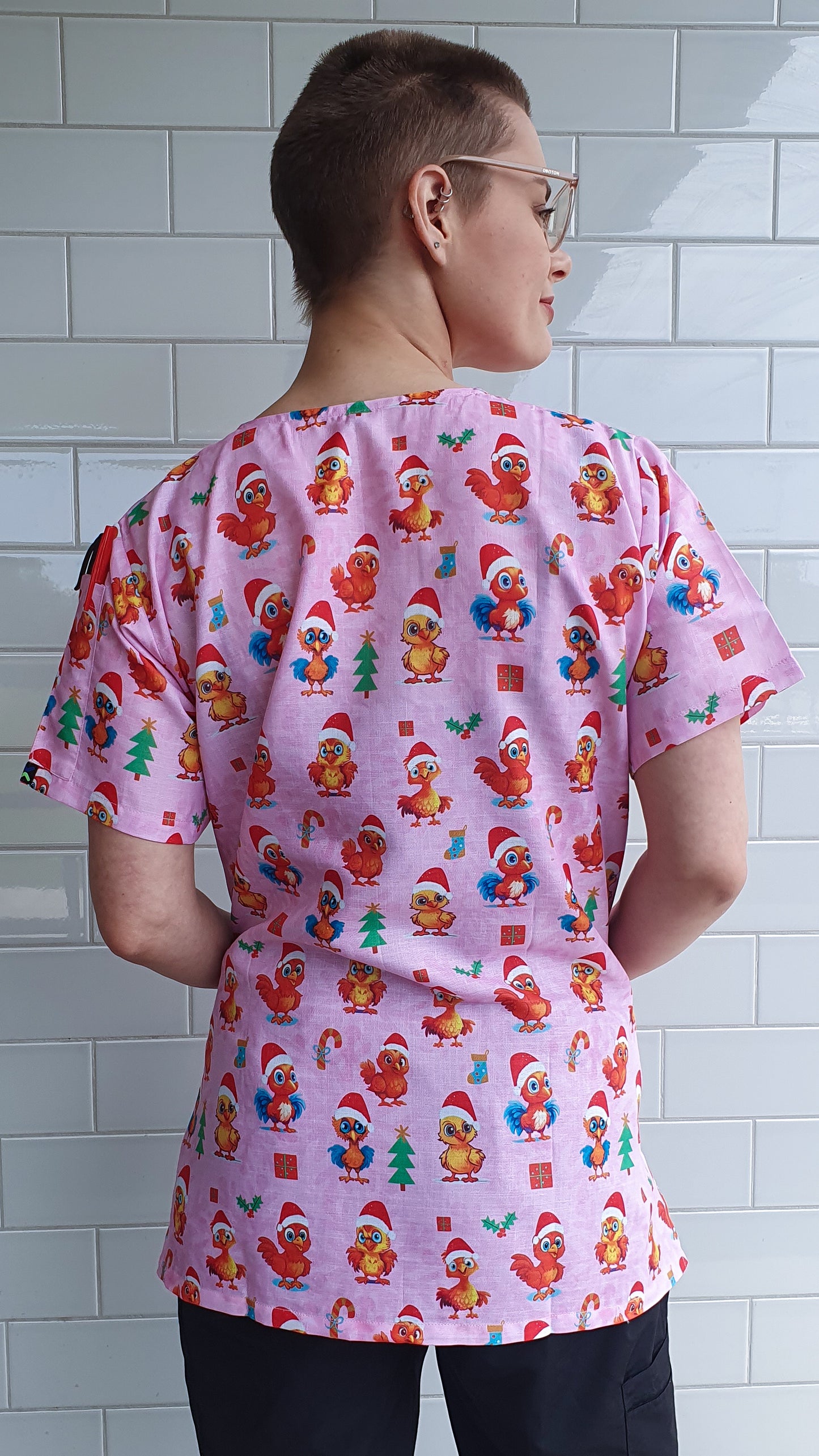 Cute Chicken With Christmas Hat Printed Scrub Top Australia