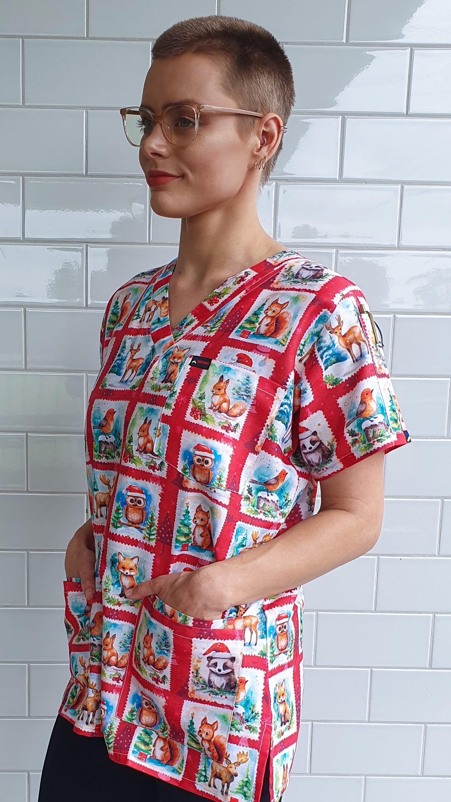 Christmas Animal Stamp Printed Fun  Scrub Top Australia