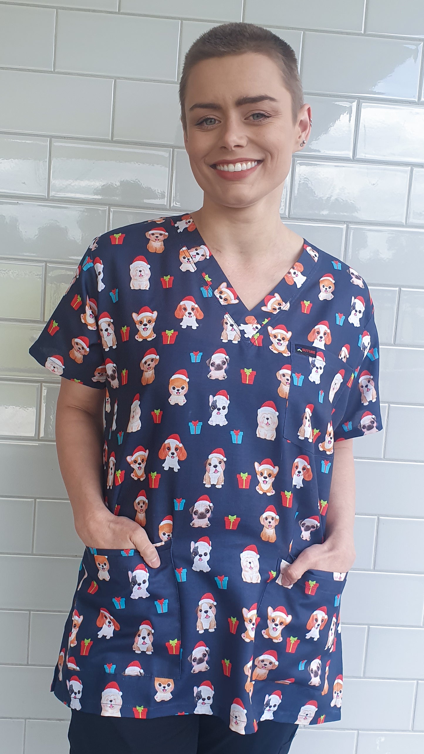 Christmas Scrub Top Australia Cute Dog Printed