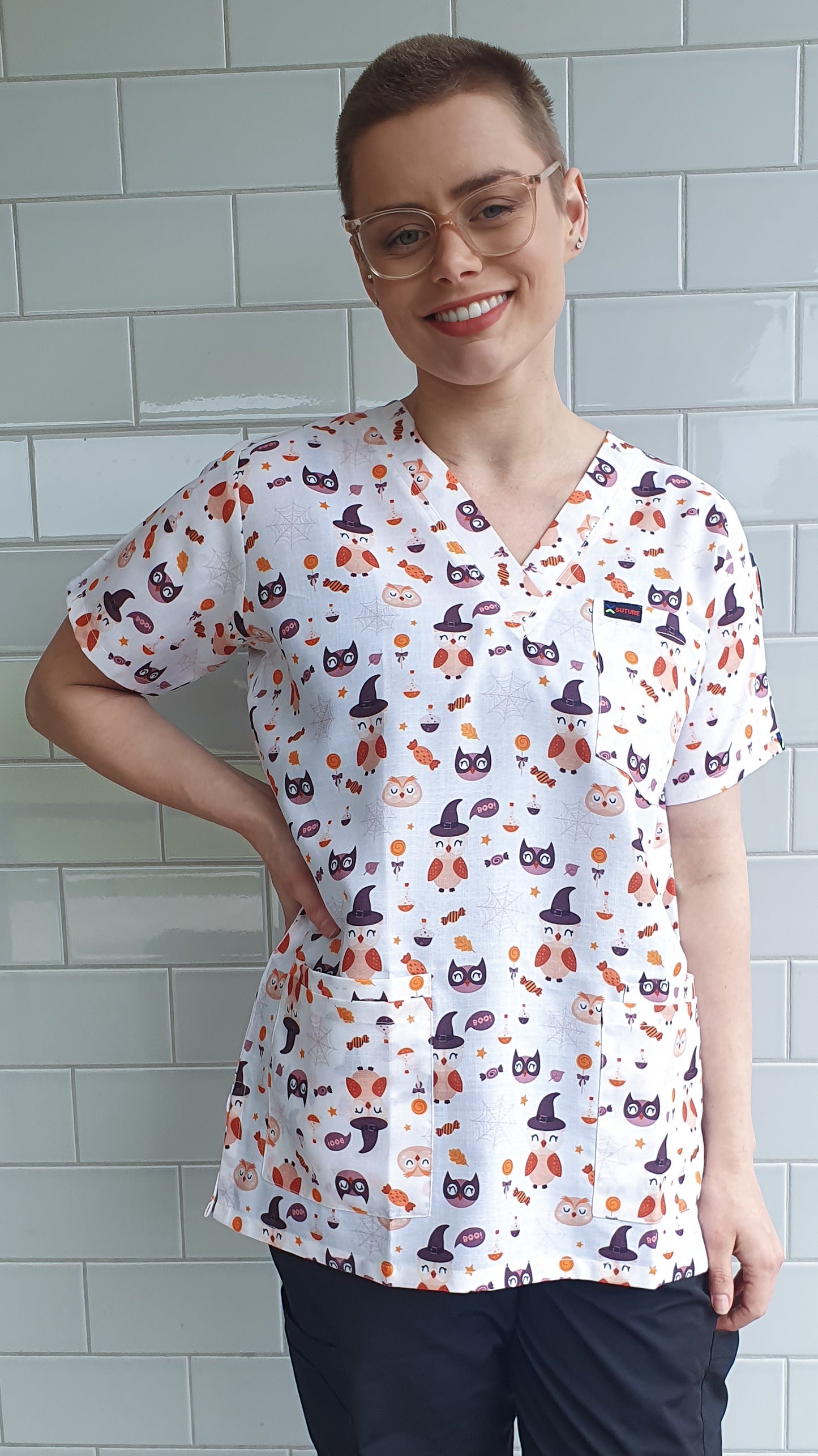 Halloween Owl Spider Web  Printed Scrub Top For Australia Nursing