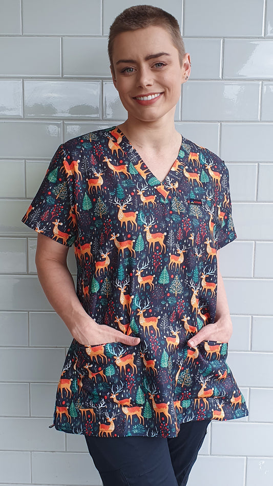 Cute Reindeer  Printed Christmas Scrub Top Australia