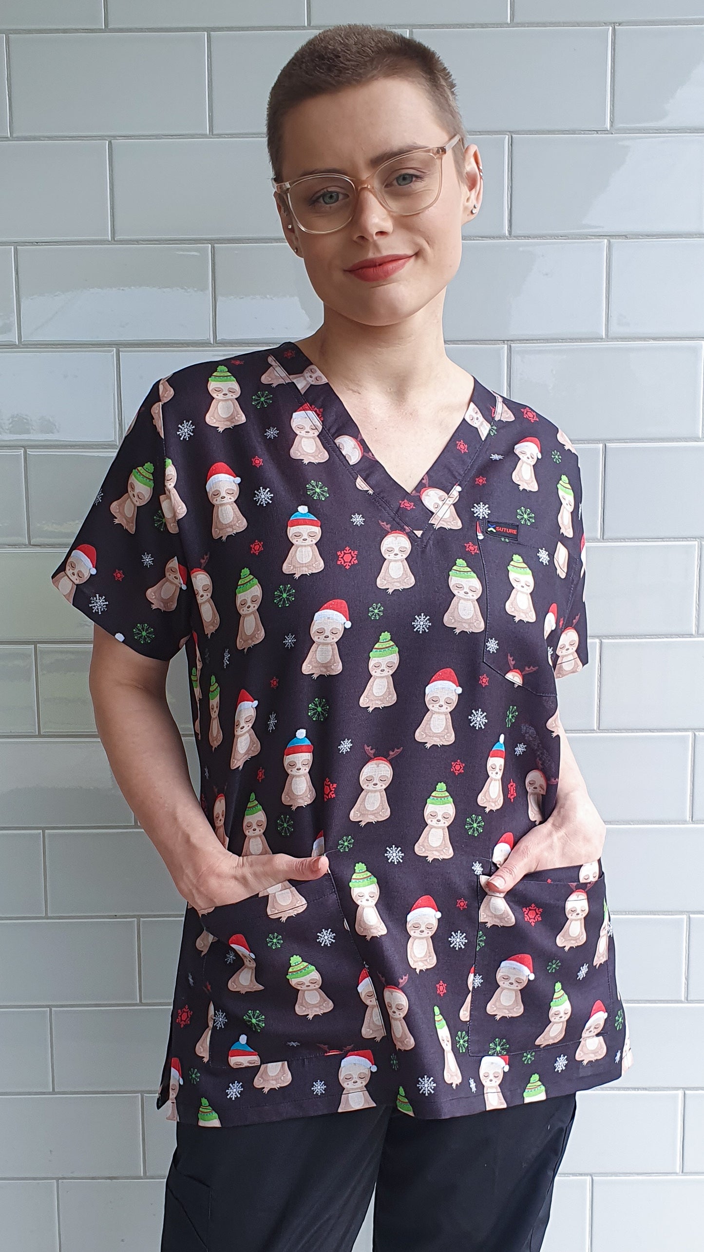 Meditating Sloth Christmas Printed Scrub Top For Women