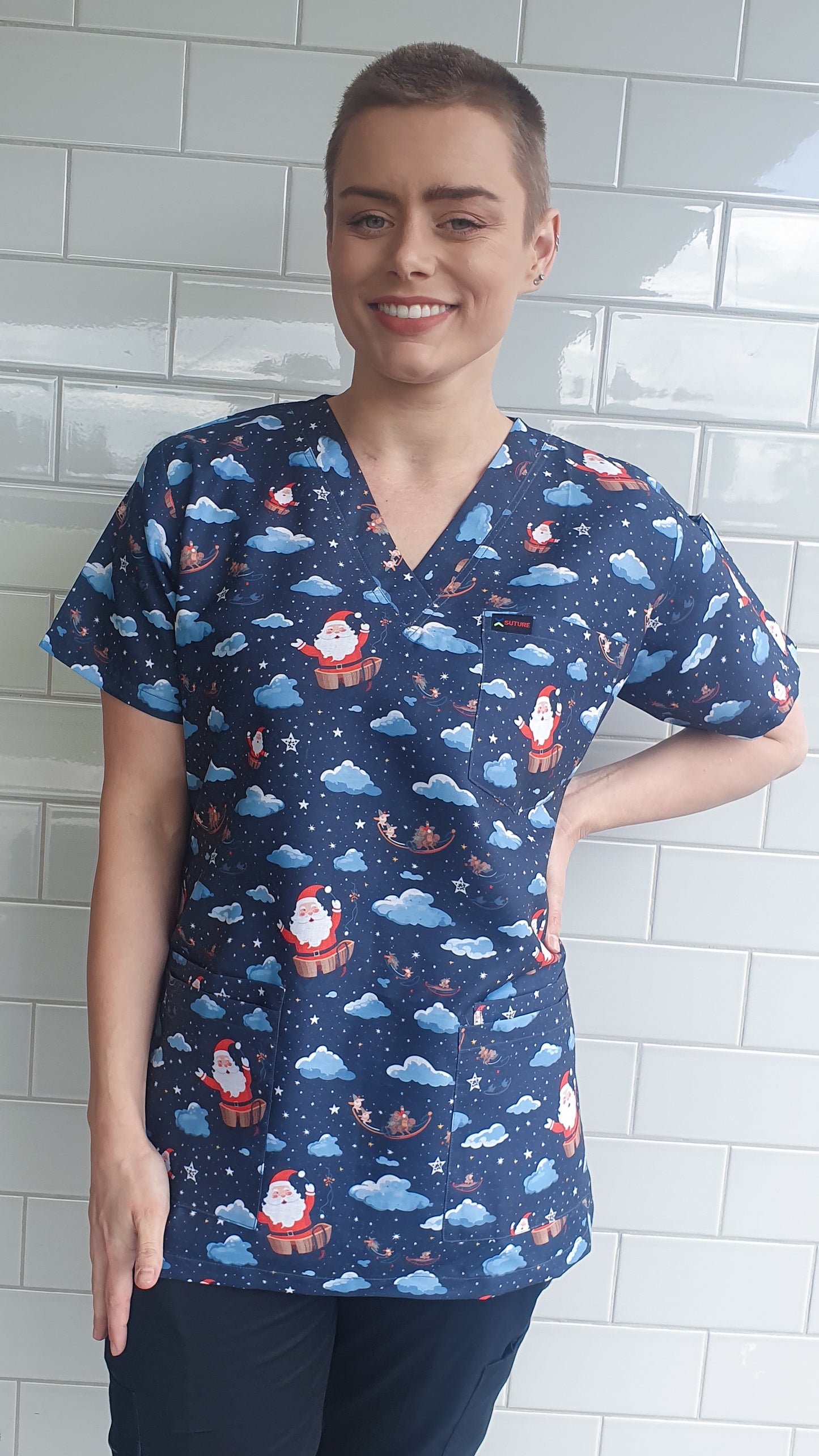 Santa in Clouds Christamas  Printed Scrub Top Australia