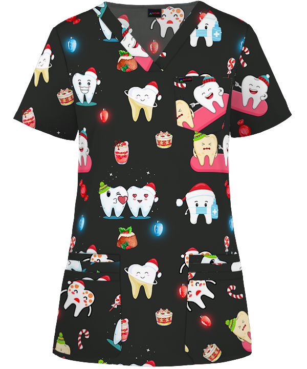 Glowing  Tooth Printed Christmas Scrub Top Australia Dentist Dental Hospital