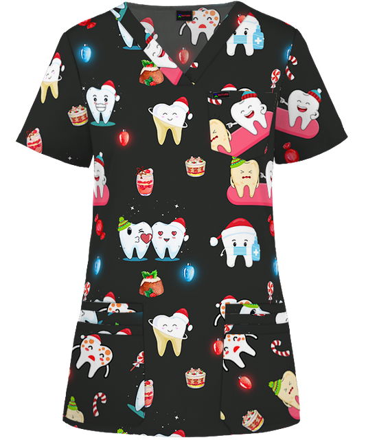 Glowing  Tooth Printed Christmas Scrub Top Australia Dentist Dental Hospital