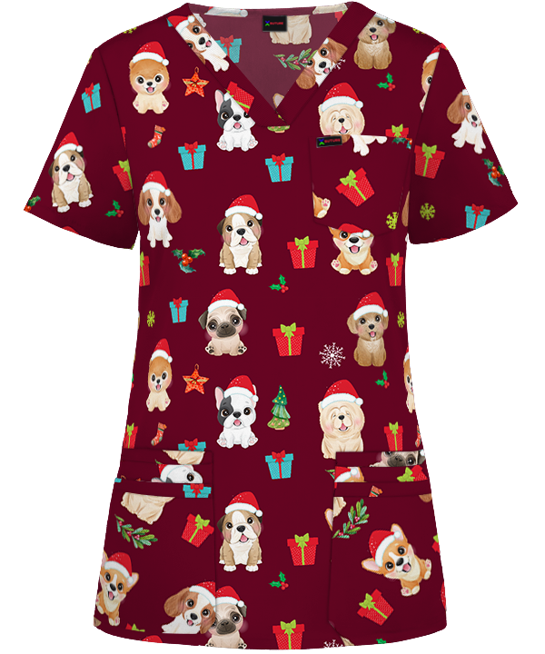 Dog Christmas Printed Medical Nursing Scrub Top Red