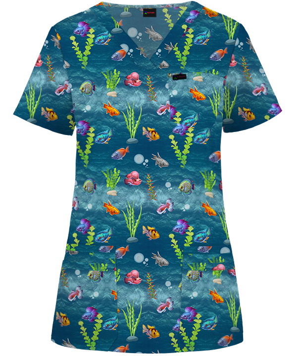 Cute Fish Printed Aquarium Underwater Australia Medical Nursing Scrub Top