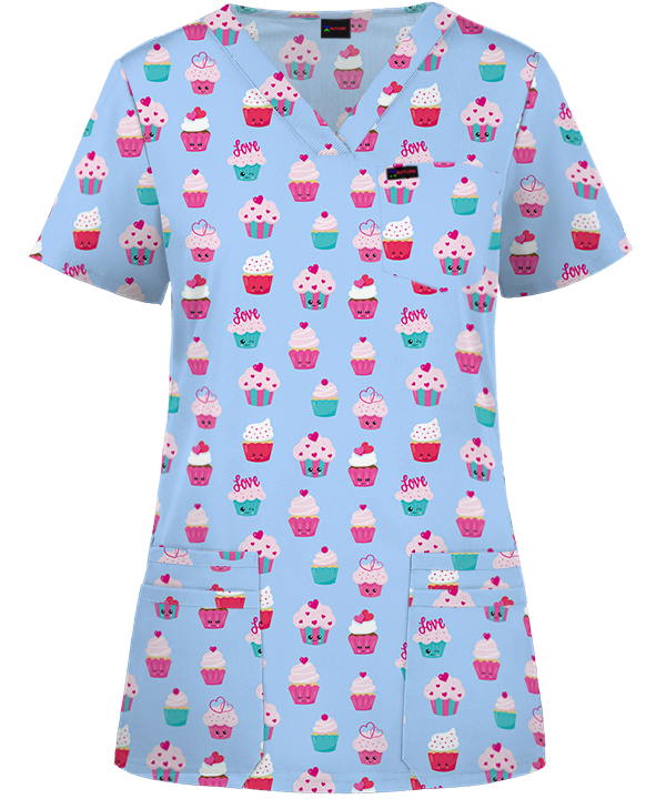 Cute Cup Cake With Toppings Printed Fun Scrub Top For Nurses Doctors Allied Health